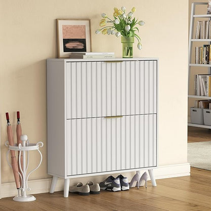 Slim Shoe Cabinet with 2 Flip Drawer Narrow Shoe Cabinet Storage with Adjustable Shelves, Shoe Organizer for Entryway Hallway Bedroom Living Room (White)