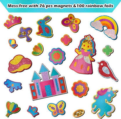 FLUXOJOY Foil Art Craft Book Kits for Kids, Mess -Free Fun Activity Set for Child, DIY Printing Craft Books, Christmas Gifts for Ages 4 5 6 7 8 9 10 11 12 Years, Princess Travel Toys for Boys Girls