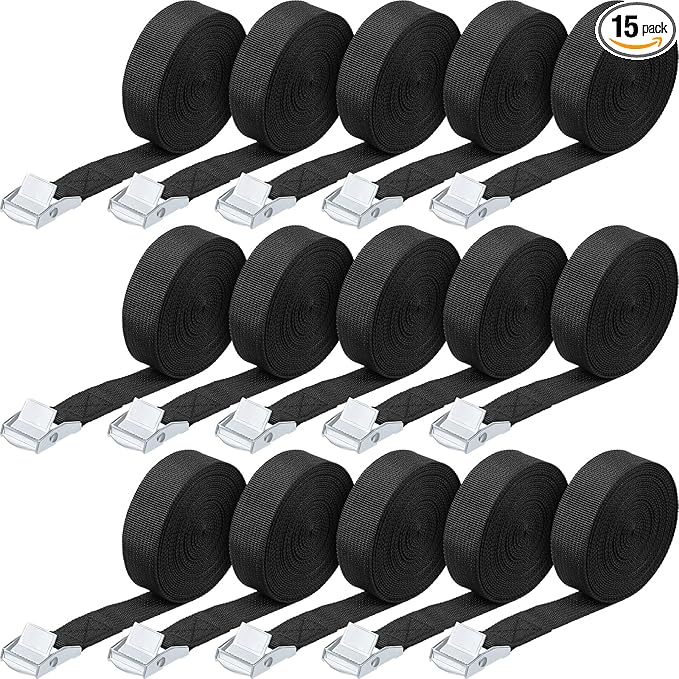 Riakrum 15 Pack 10 Feet Lashing Straps Adjustable Kayaks Tie Down Cam Buckle Straps with Buckles up to 250lbs for Cargo, Luggage, Motorcycles, Truck, Car Roof Rack, Sup Surfboard(Black)