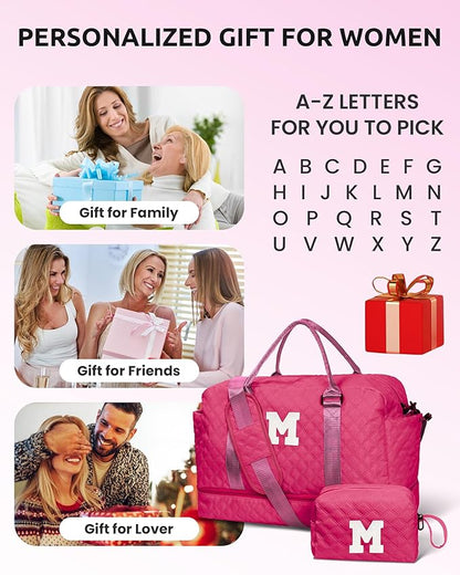 Gift for Everyone, Gifts for Women-Initial Travel Bag with Shoe Compartment, Weekender Bag, Monogram Overnight Bag for Women, Letter Travel Bag with Makeup Bag Graduation Gifts (Letter W)