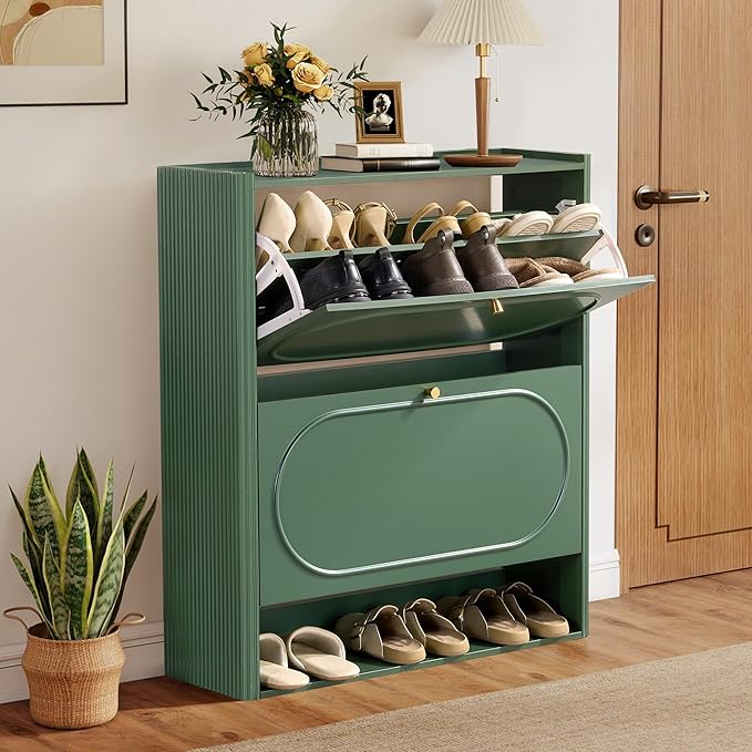 ORRD Shoe Storage Cabinet with 2 Flip Drawers Set of 2, Wood Narrow Shoe Cabinet for Entryway, Fluted Hidden Shoe Organizer, Freestanding Slim Shoes Cabinets for Foyer, Hallway-Green