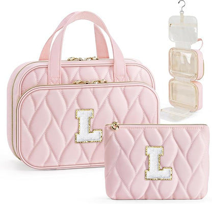 YOOLIFE Toiletry Bag Initial Makeup Bag for Women - Birthday Gifts for Women Teen Girl Gifts Trendy Stuff - Letter L Pink