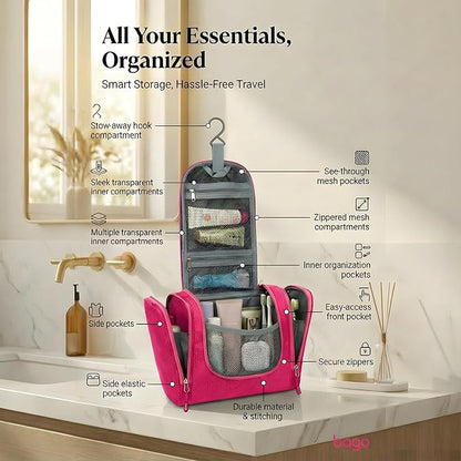 Bago Travel Toiletry Bag for Women and Men - Large Waterproof Hanging Large Toiletry Bag for Bathroom and Travelling Bag for Toiletries Organizer - Travel Makeup Bag (Pink)