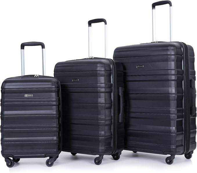 3 Piece Luggage Sets, PC Lightweight Expandable Suitcase with Two Hooks, Spinner Wheels, TSA Lock, (20/24/28) (Black)