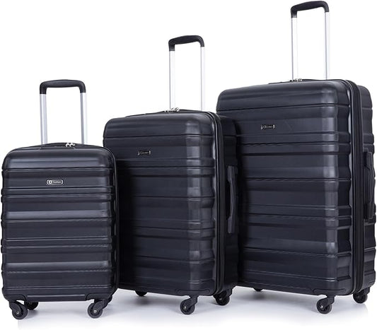 3 Piece Luggage Sets, PC Lightweight Expandable Suitcase with Two Hooks, Spinner Wheels, TSA Lock, (20/24/28) (Black)