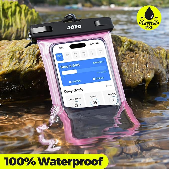 JOTO Up to 7" Universal Waterproof Phone Case for iPhone 17 Air 16 15 14 13 12 11 Plus Pro Max, IPX8 Cellphone Dry Bag XR X SE, Galaxy S23 S22 S21 S20+ S20 S10 Plus Note, Pixel -Clearpink