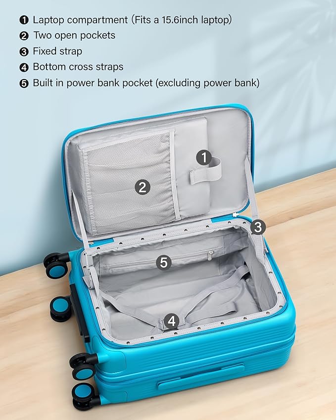 Hanke 20 Inch Expandable Carry On Luggage Airline Approved Top Opening Travel Luggage Rolling Suitcase with Cup Holder Hard Shell Suitcases with Wheels (Caribbean Blue)
