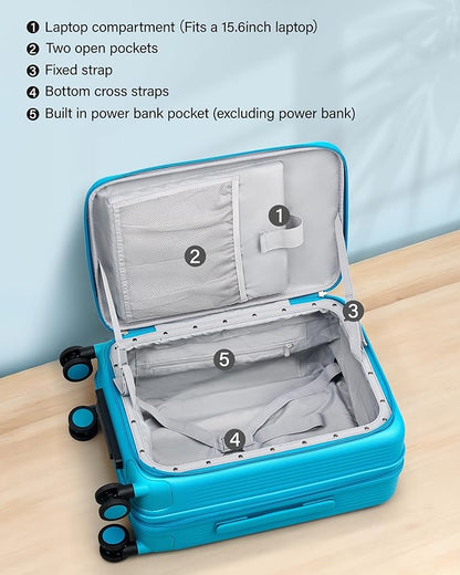 Hanke 20 Inch Expandable Carry On Luggage Airline Approved Top Opening Travel Luggage Rolling Suitcase with Cup Holder Hard Shell Suitcases with Wheels (Caribbean Blue)