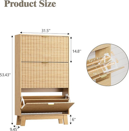 Shoe Cabinet Storage for Entryway with 3 Flip Drawers, Fluted Narrow Shoe Organizer with Wooden Legs, Freestanding Slim Shoe Storage Hidden Shoe Rack Organizer for Front Door Entrance, Oak