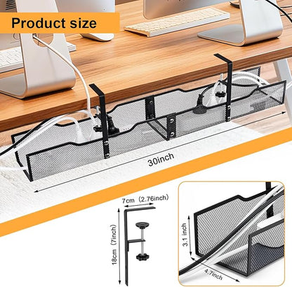 30'' Under Desk Cable Management - No Drill Installation Cable Management Tray, Modern Cord Organizer for Office/Home Desk, Fits Power Strips & Wires(Black, XXL)