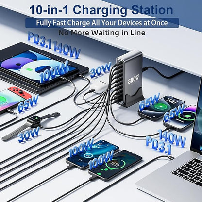 800W USB C Fast Charger Block, Dual PD3.1 140W 10 Port USB Charging Station, GaN Ⅲ Pro PD PPS Fast Charging Station for Multiple Devices,Laptop Wall Charger Compatible with iPhone 17/iPad/MacBook etc