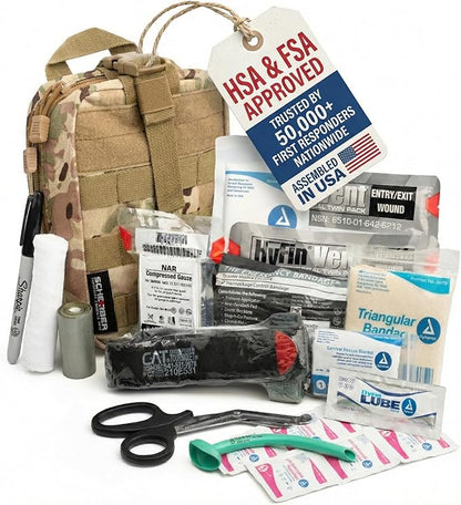 Scherber Premium IFAK Kit Trauma Pack Fully Stocked MOLLE Pouch w/CAT Tourniquet, HyFin Vent Chest Seal, & Israeli Bandage Trauma Kit for Emergency, Gunshot, Bleeding, & Major Wound Care (Camouflage)