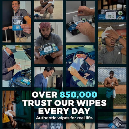 XL Body Wipes for Men – 50 No Rinse Shower Sheets + 4 Travel Bath Sachets, 10" x 11.5" Adult Disposable Washcloths and Face Towels for Camping, After Gym and Survival Gear