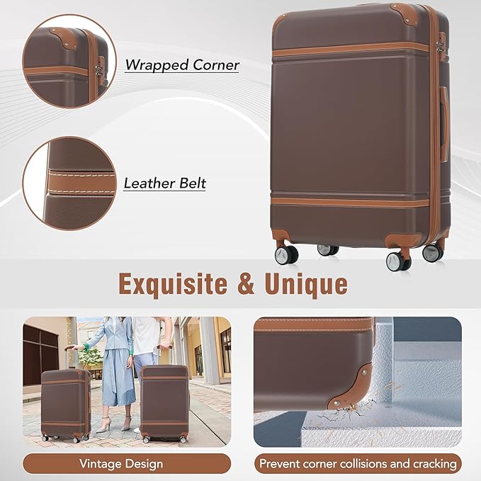 Merax Luggage Set 3 Piece Suitcase Set with 1 Cosmetic Case Expandable Spinner Wheels Vintage Luggage Sets(Brown,20"+24"+28")
