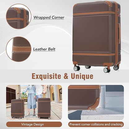 Merax Luggage Set, 3 Piece Luggage with Cosmetic Case, Vintage Hardcase Suitcase with Wheels, Expandable Luggage Airline Approved(Brown,20"+24"+28")