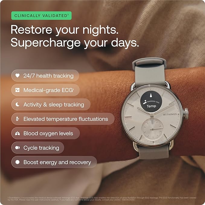 WITHINGS ScanWatch 2 - Hybrid Smart Watch, Heart Rate Monitoring, Fitness Tracker, Cycle Tracker, Sleep Monitoring, GPS Tracker, 30-Day Battery Life, Android & Apple Compatible, HSA/FSA