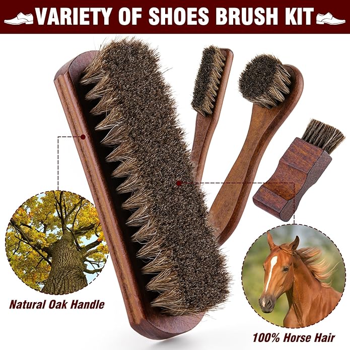 15-in-1 Shoe Shine Kit & Leather Polish Set with 4 Horsehair Brushes, Black Brown Neutral Wax, Mink Oil & 3 Cloths Shine Sponges Boot Care & Cleaning Gifts for Men Women with Portable Leather Case