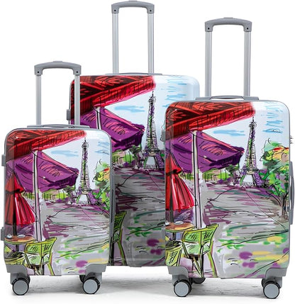 Campfun Luggage Sets 3 Piece, Hardside PC Suitcase Sets with Double Spinner Wheels, Durable Printed Pattern Carry On Luggage with TSA Lock, 20/24/28 inch(Iron Tower)
