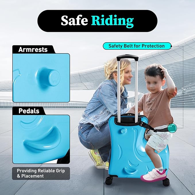 Kids Ride on Suitcase, 20" Ride on Luggage with 4 Wheels, Scooter Suitcase for Boys Girls, Toddler Carry on Suitcases with Safety Belt & Adjustable Handle, Travel Luggage for Ages 3-6 (Blue)