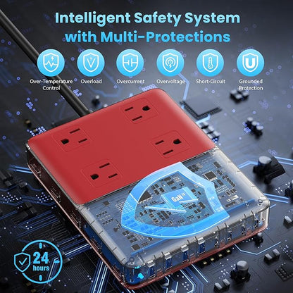12-in-1 Charging Station USB C Power Strip with 5ft Cord,200W GaN IV USB C Charger Block,4 AC Outlets,8 USB for MacBook,iPhone 16/15/14,Fast Charging Desktop Charger for Office (Red)