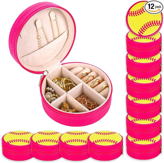 12Pcs Softball Mini Travel Jewelry Case Yellow Hot Pink Round Softball Jewelry Organizer Sport Portable Storage Box for Rings Earrings Necklaces