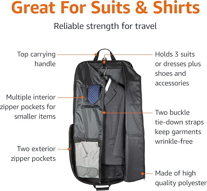 Amazon Basics 43" Premium Garment Bag for Travel, Suit Bag with Shoulder Strap for Suits and Dresses, 1680D Polyester Fabric, Exterior/Interior Pockets, Leather-reinforced Corners, Trifold, Black