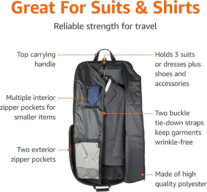 Amazon Basics 43" Premium Garment Bag for Travel, Suit Bag with Shoulder Strap for Suits and Dresses, 1680D Polyester Fabric, Exterior/Interior Pockets, Leather-reinforced Corners, Trifold, Black