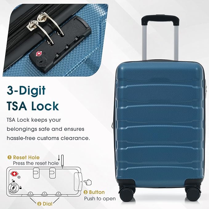 Hardshell Checked Luggage with Spinner Wheels, Expandable ABS Suitcase with TSA Lock, Travel Luggage with Telescopic Handle (Blue, 20 Inch)