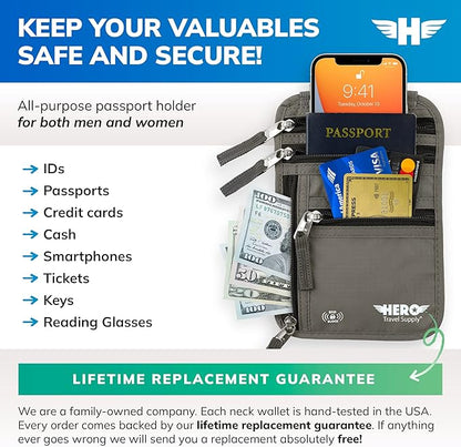 HERO Neck Wallet, RFID Blocking Passport Holder, Easy to Conceal Travel Pouch