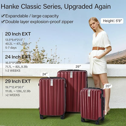 Hanke 24 Inch Expandable Checked Luggage Lightweight PC Hard Case Luggage Suitcases with Wheels TSA Luggage Rolling Large Suitcase Travel Luggage Bag for Go to University(Burgundy)