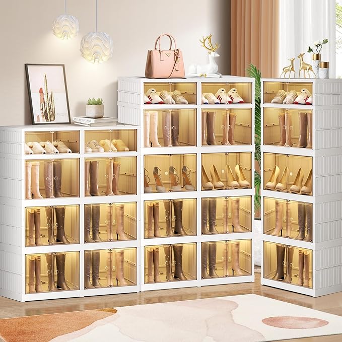 4-Tier Foldable Shoe Rack Organizer for Closet 16Pairs Plastic Collapsible Shoes Storage Box Clear Shoe Boxes Stackable with Door Easy Assembly Shoe Cabinet Bins with Lids Large