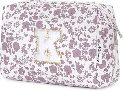 Narwey Birthday Gifts for Teen Girls Kids Women Personalized Initial Floral Makeup Bag Cute Cosmetic Trendy Stuff 6 8 10 11 12 13 14 16 18 Years Old Travel Toiletry Bag (Little Dusty Pink Flower K)