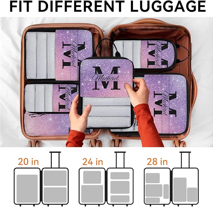 Personalized 6 Set Compression Packing Cubes for Travel Accessories Custom Initial Name Luggage Carry On Suitcase Compressible Expandable Packing Organizer, Purple Glitter