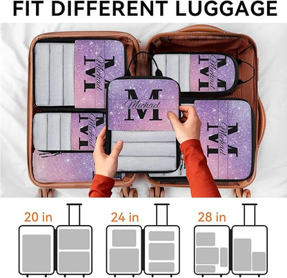 Personalized 6 Set Compression Packing Cubes for Travel Accessories Custom Initial Name Luggage Carry On Suitcase Compressible Expandable Packing Organizer, Purple Glitter