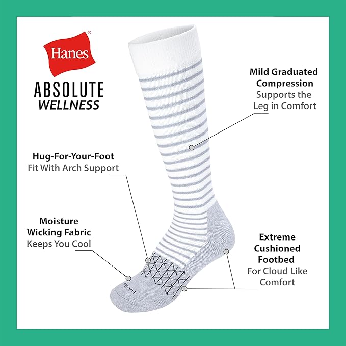 Hanes womens Over-the-calf Socks W/Mild Graduated Compression, Absolute Wellness Non-binding Cushioned Socks, 3-pack