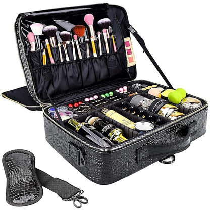 gzcz Large Capacity Travel Makeup Case Organizer,Professional Cosmetic Bags for Women,Waterproof PU Leather Makeup Bag with Adjustable Dividers and Shoulder Strap for Brushes and Jewelry