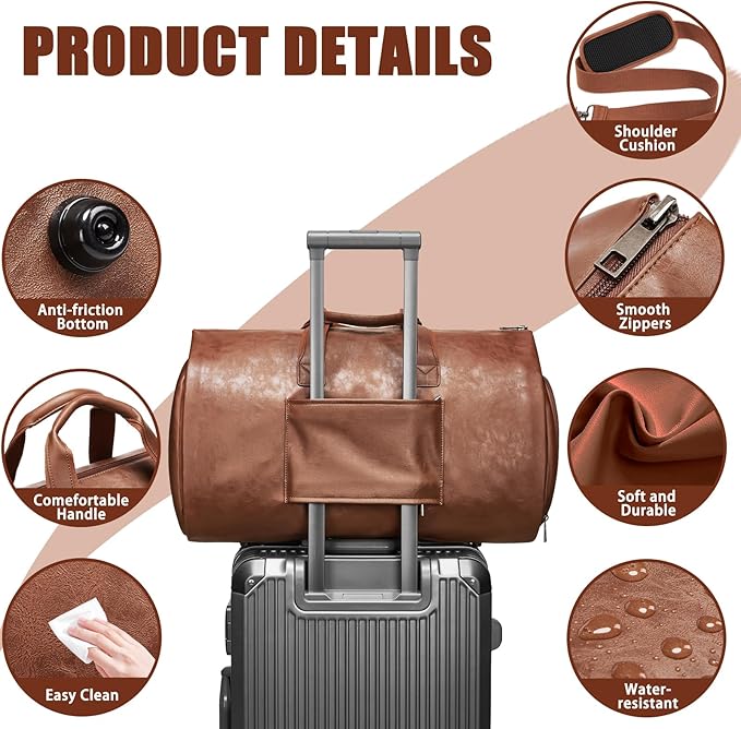 Leather Garment Bag，Convertible Garment Duffel Bag for Travel Mens Suit Bag 2 in 1 Waterproof Foldable Carry on Garment Bag with Shoulder Strap Weekender Bag with Shoe Pouch