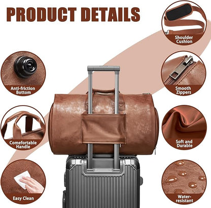 Leather Garment Bag，Convertible Garment Duffel Bag for Travel Mens Suit Bag 2 in 1 Waterproof Foldable Carry on Garment Bag with Shoulder Strap Weekender Bag with Shoe Pouch