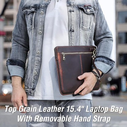 Top Grain Leather 15.4" Slim Laptop Sleeve Case Bag, Vintage Design with 2 Zip Pocket, Handmade, Compatible with MacBook Pro 15.4" Retina 2.6GHz ThinkPad 15.6" & Other PC, Coffee 15.4 Inch