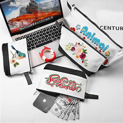 10 Pieces Cotton Canvas Makeup Bag with Bottom and Strap, Multi-Purpose Cosmetic Bag with Zipper Travel Toiletry Pouch, Blank DIY Craft Bag (White&Black, S)