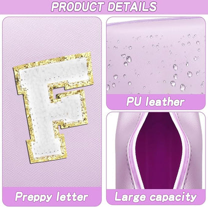 Gifts for Girls Initial Makeup Bag Personalized Cosmetic Bag with Zipper Cute Travel Toiletry Bag Waterproof PU Preppy Makeup Pouch Birthday Gift for Teen Girls Women(Purple F)