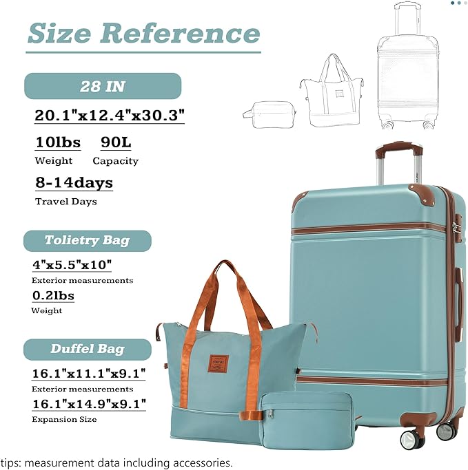Merax Luggage Set,28 IN Hardside Suitcase with Duffel Bags,3 Piece Expandable Luggage with Spinner Wheels, Vintage Luggage with TSA Lock Lightweight,(Blue Green)