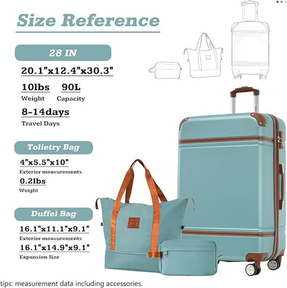 Merax Luggage Set,28 IN Hardside Suitcase with Duffel Bags,3 Piece Expandable Luggage with Spinner Wheels, Vintage Luggage with TSA Lock Lightweight,(Blue Green)