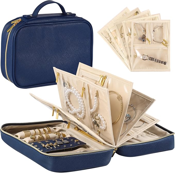 Travel Jewelry Case Organizer for Women, Jewelry Storage Book with Small Pouch, Travel Jewelry Bag Case for Traveling Necklace, Earrings, Rings, Bracelet Organizer (Blue)