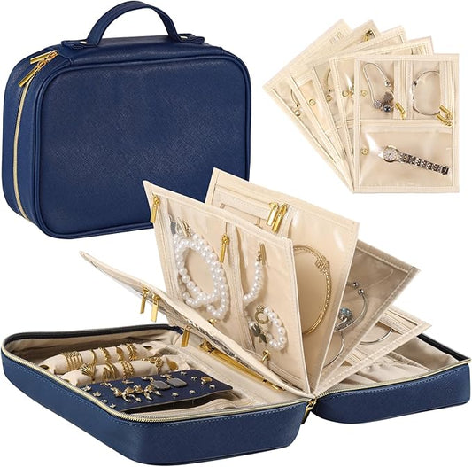 Travel Jewelry Case Organizer for Women, Jewelry Storage Book with Small Pouch, Travel Jewelry Bag Case for Traveling Necklace, Earrings, Rings, Bracelet Organizer (Blue)