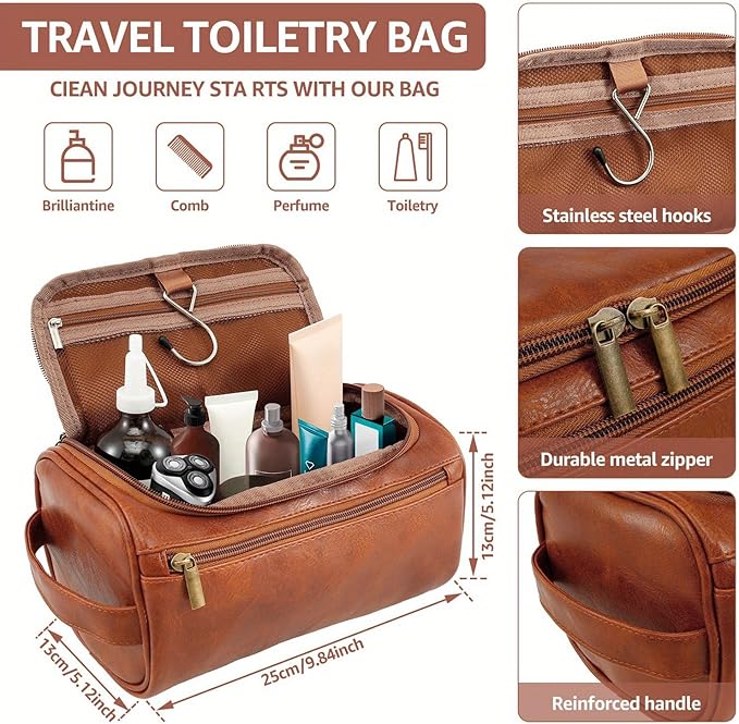 Personalized Leather Toiletry Bag, Name and Text Engravable, Men's Toiletry Bag Gift, Men's Leather Travel Toiletry Bags, Ideal Anniversary and Father's Day Gift for Husband, Dad, Grandpa