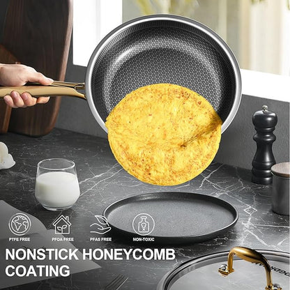 Fogdream 12” Non Stick Frying Pans, Stainless Steel Skillet with Lid, Tri-Ply Stainless Steel for All Cooktops, Dishwasher and Oven-Safe Cooking Pan, Stay-Cool Handle, Gold
