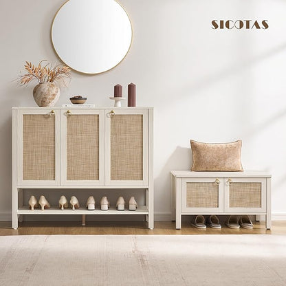 SICOTAS Rattan Shoe Cabinet with Storage - 2 Pieces Large Boho Shoe Organizer with 3 Doors & Adjustable Shelves, Tall Farmhouse Shoe Rack Cabinet for Entryway, Hallway, Living Room (White)