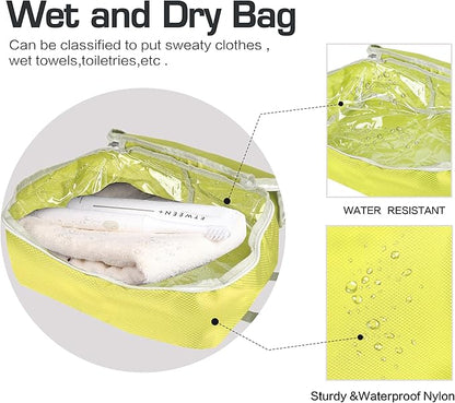 8 Set Expandable Compression Packing Cubes for Suitcases Travel Essentials Carry On Waterproof Storage Bag With Dry And Wet Separation Yellow