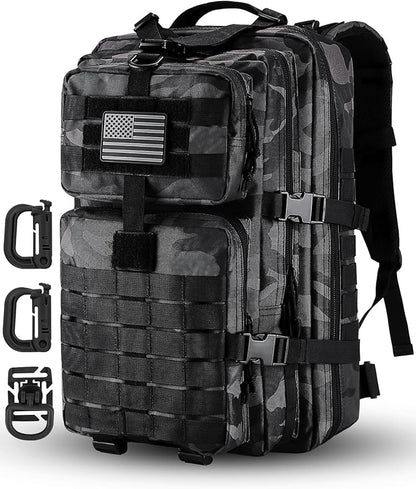 MOLLE Assault Pack, Tactical Backpack Military Army Camping Rucksack, 3-Day Pack Trip w/USA Flag Patch, D-Rings, Black Camo